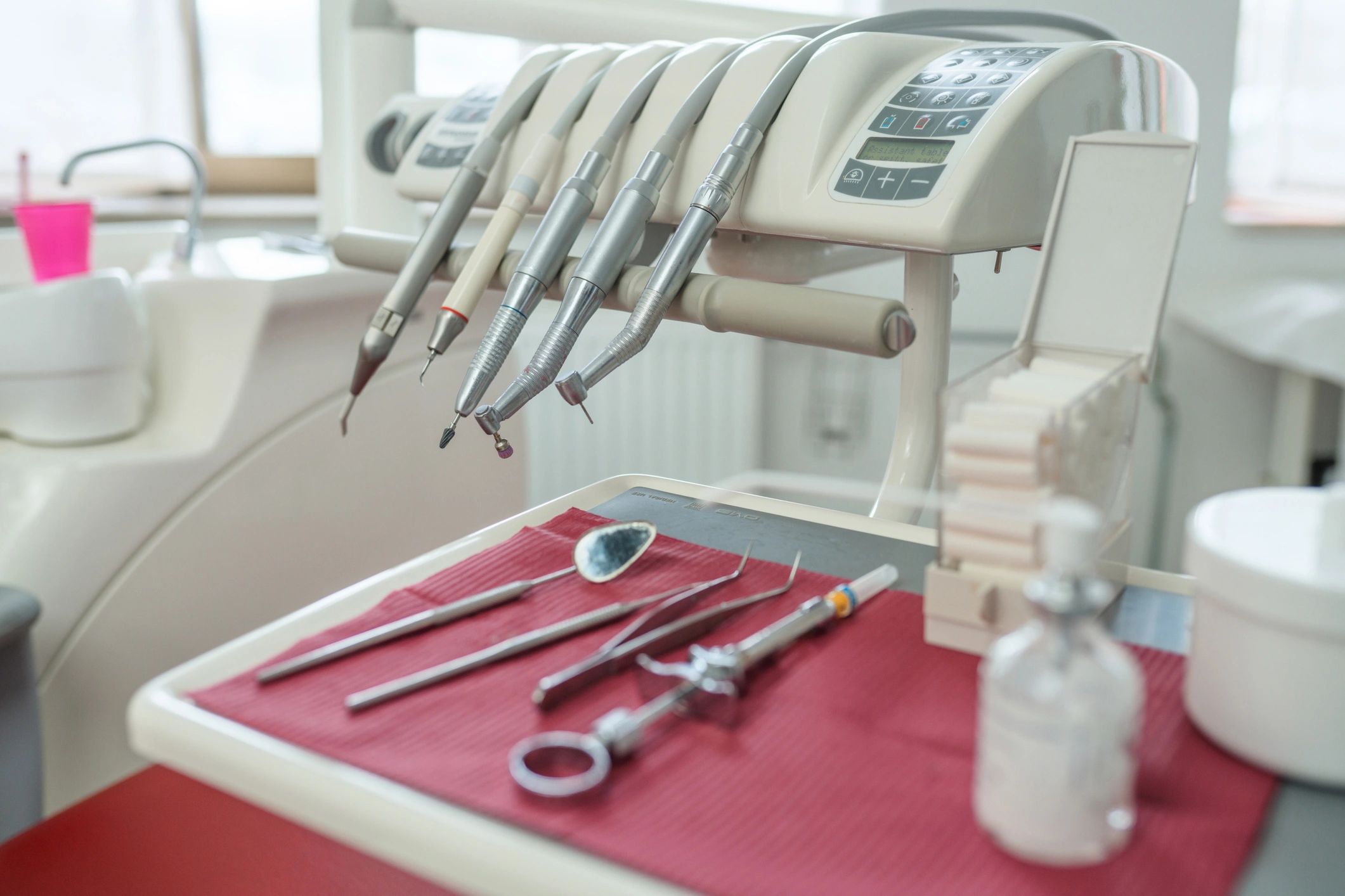 Clean, sterile dental tools on a tray